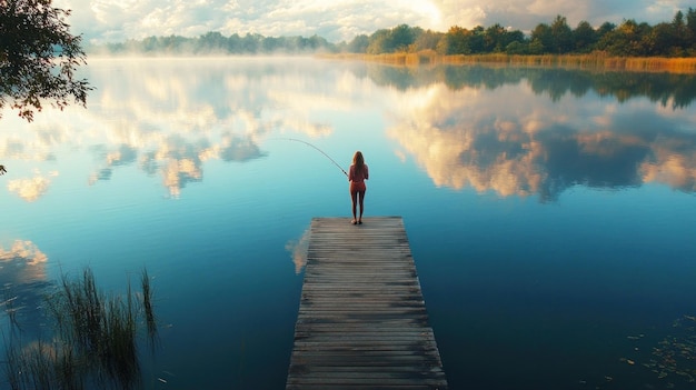 Photo a solitary figure fishing on a misty lake