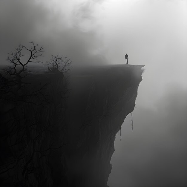 Solitary Figure on a Foggy Cliff Contemplating the Abyss Under an Ominous Sky