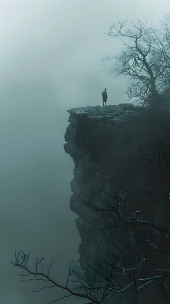 Solitary Figure on a Foggy Cliff Contemplating the Abyss Under an Ominous Sky