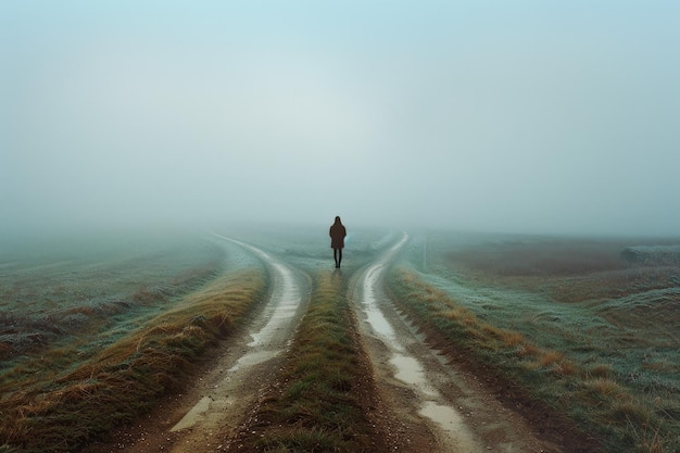 Photo solitary figure at a fork in a foggy road