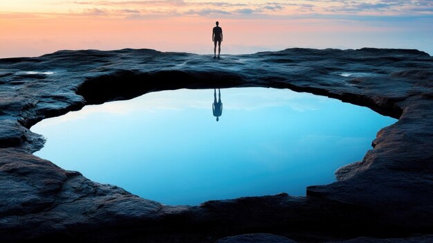 Photo a solitary figure gazes at a clear pool of water surrounded by rugged rocks reflecting the vibrant colors of the early morning sky and ocean beyond