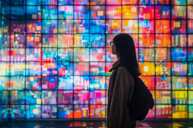 A solitary figure is captivated by the dazzling array of colors in a largescale light art installation showcasing a moment of urban contemplation