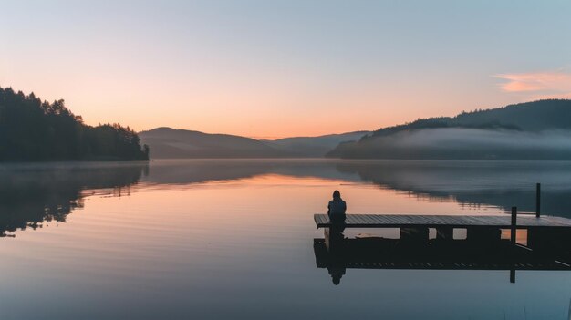 Photo solitary figure on lake dock at sunset