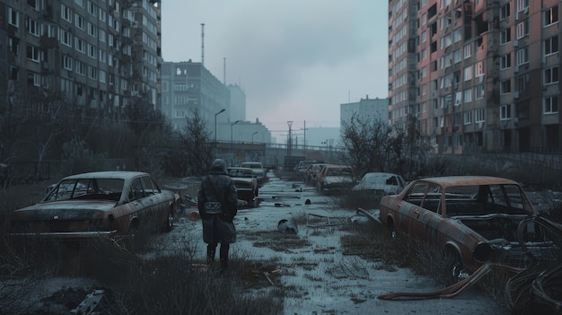 A solitary figure in a long coat walks through a foggy dilapidated street passing rusted cars and crumbling buildings