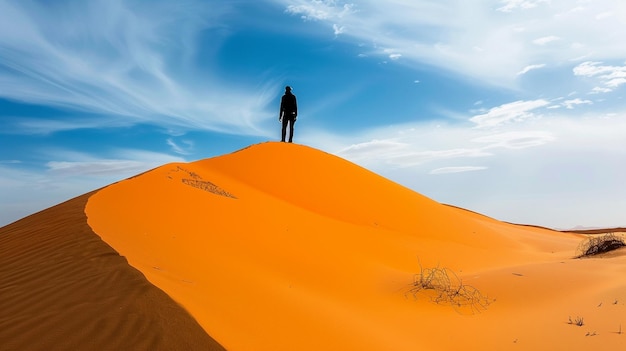 Solitary Figure on Majestic Sand Dune Under Dramatic Sky