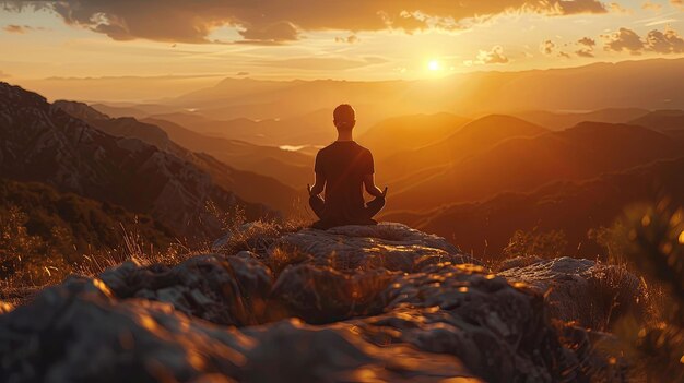 Solitary Figure Meditating on Mountaintop at Sunset