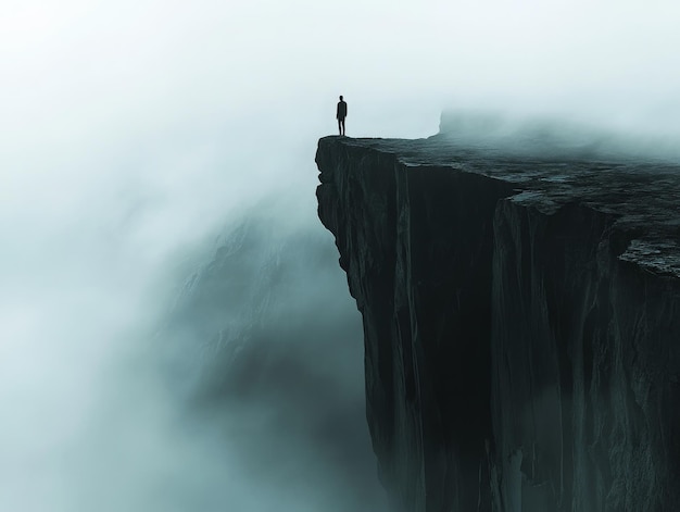 Photo solitary figure on a misty clifftop