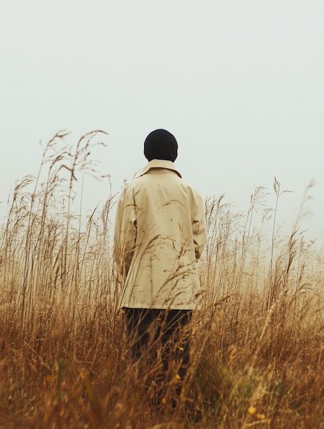 Solitary Figure in Misty Field Embracing Natures Tranquility