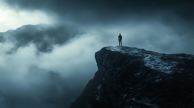 Solitary Figure on Mountain Top Triumphantly Stands