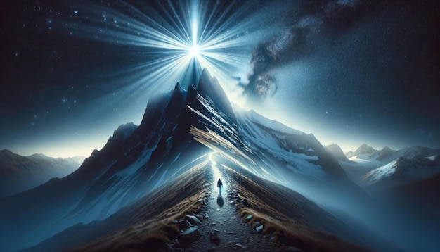 Photo solitary figure on a mystic journey ascending a mountain path towards a bright beacon at the peak