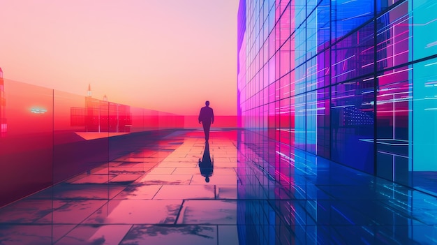 Solitary figure overlooking city at dusk A lone figure stands casting a reflection on the wet surface as they overlook a colorful cityscape at dusk