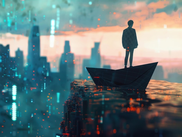 Solitary Figure on a Paper Boat Navigates a Digital Cityscape