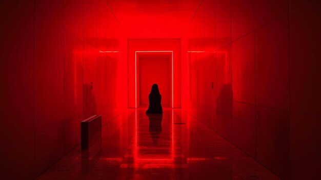 Solitary figure in a red illuminated corridor