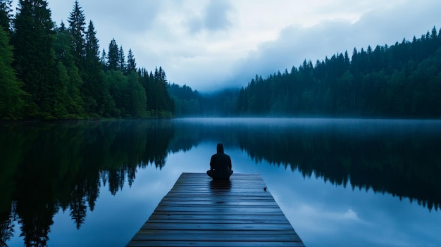 Photo a solitary figure sits on a wooden dock overlooking a tranquil lake surrounded by lush green tr