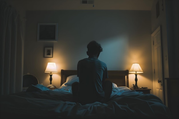 A solitary figure sitting on the edge of a bed in a dimly lit room