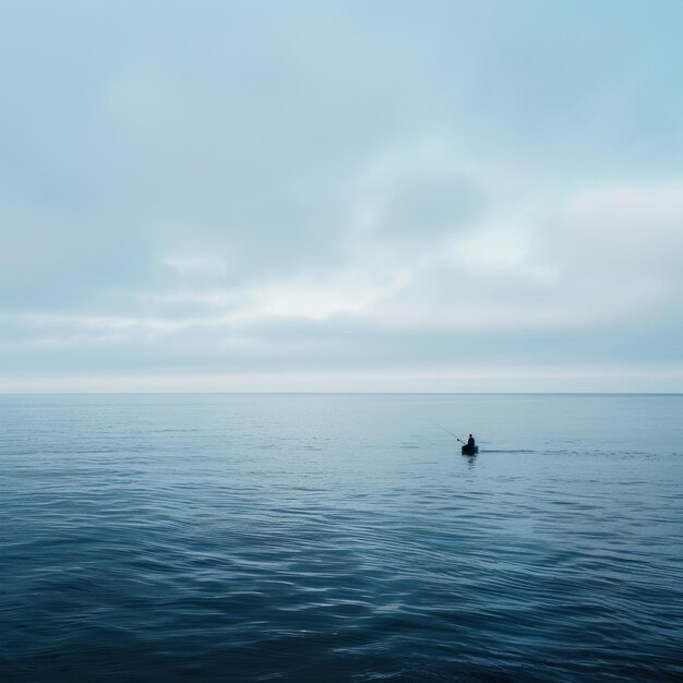 Photo solitary figure in a small boat on a vast blue sea under a cloudy sky