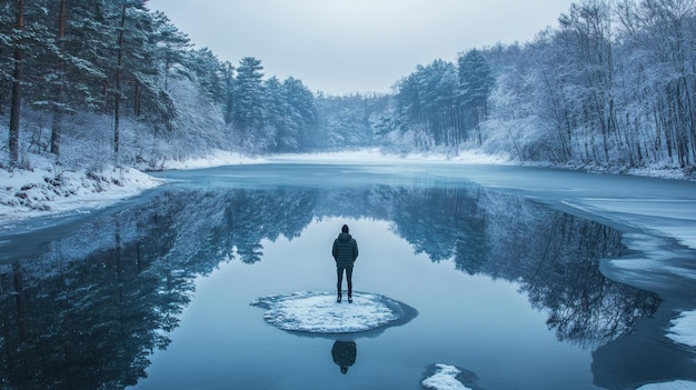 Solitary Figure on a Snowy Ice Island in a Frozen Lake Surrounded by a Winter Forest