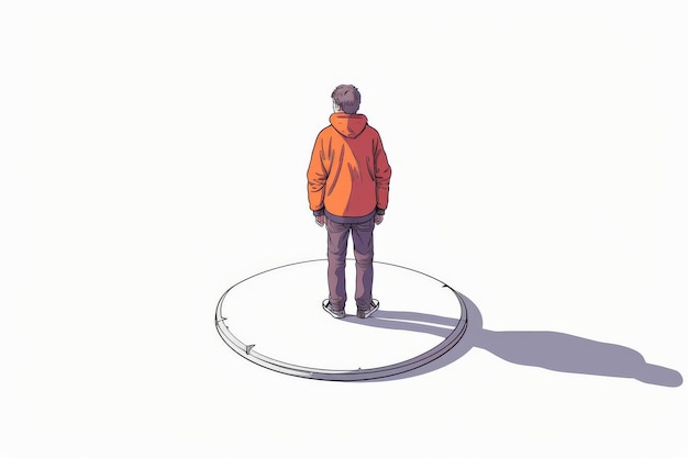 Solitary figure standing in a circular space minimalist and contemplative illustration