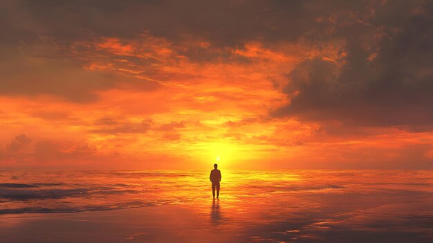 Photo solitary figure standing at the edge of the ocean during sunset