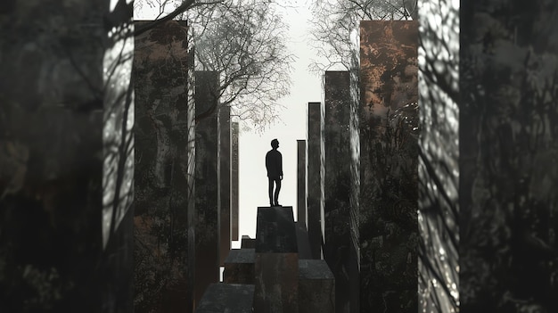 Photo a solitary figure stands atop a block in a surreal landscape of tall dark structures