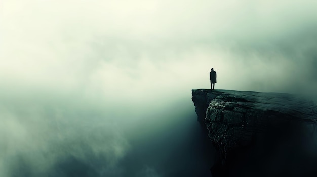 A solitary figure stands on a cliff edge shrouded in mist conveying a sense of isolation and contemplation