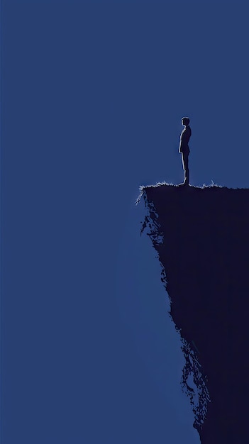 A Solitary Figure Stands at the Edge of a Cliff Bathed in the Deep Blue Hues of Twilight