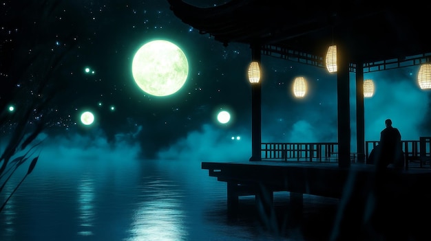 Photo a solitary figure stands on a pagoda deck overlooking a serene lake under a starry sky illumina