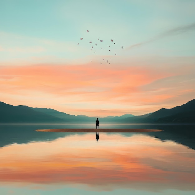 Photo a solitary figure stands on a small island in a tranquil lake surrounded by majestic mountains and a breathtaking sunset sky with scattered shapes floating above