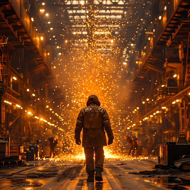 Solitary figure walking in an industrial setting with sparks a mysterious journey captivating night scene ideal for storytelling generative AI