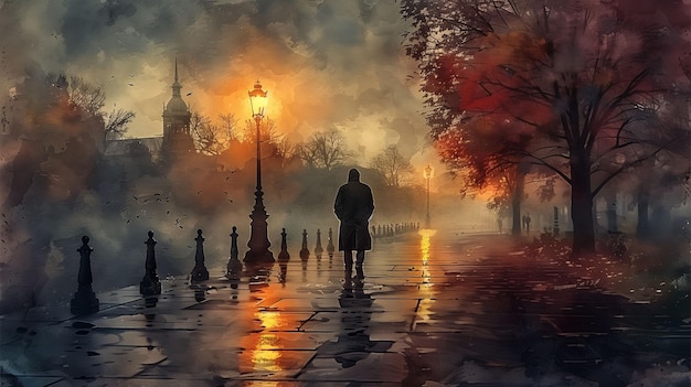 Solitary figure walking on a misty cobblestone path lined with autumn trees and vintage street lamp