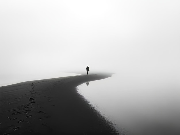 Solitary figure walking on a narrow path amidst a thick fog