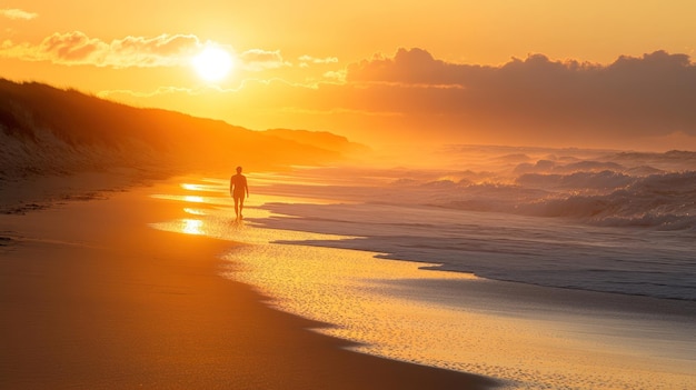 Photo solitary figure walking towards the setting sun on a sandy beach