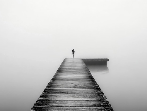 Solitary Figure Walking on a Wooden Dock in Fog