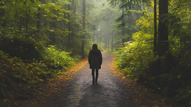 Photo solitary figure walks along a mystical forest pathembarking on a new journey of and selfdiscovery