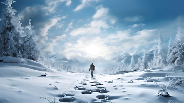 A solitary figure walks on a snowy path through a winter forest