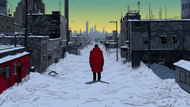 A solitary figure wearing a vibrant red coat stands amidst a serene snowy street Generative AI