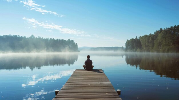 Photo solitary figure on a wooden dock overlooking a misty lake