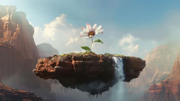 Photo a solitary flower blooming on a floating island above a canyon chaos 10 ar 169 job id 0dd3d2adc0af492fb5be53c8f19ada2c