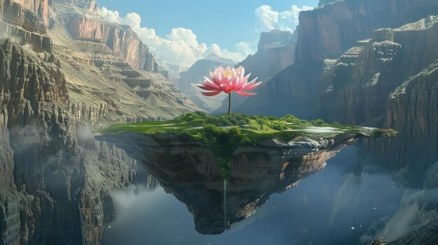 Photo a solitary flower blooming on a floating island above a canyon chaos 10 ar 169 job id f10cea0c95c043618e3e1a2eaff7f34a