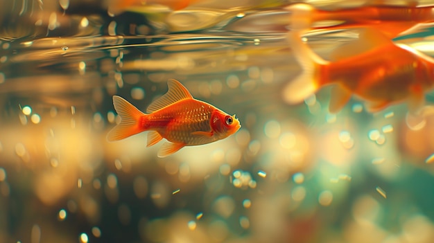 A solitary goldfish swimming elegantly in clear water with a warm golden light reflecting