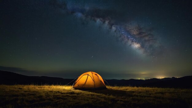 Photo a solitary green tent pitched under a starlit sky ideal for retreats and adventurous getaways