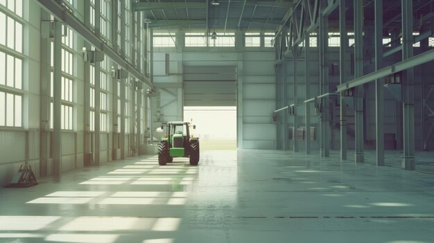 Photo a solitary green tractor is parked inside a vast sunlit industrial warehouse with high ceilings and plenty of natural light streaming in