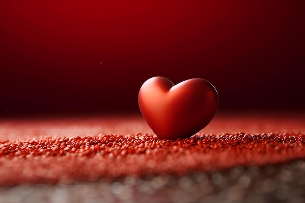 Solitary heart on a reflective red surface with soft lighting