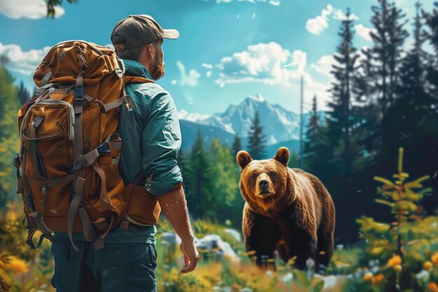 Photo a solitary hiker encounters a curious bear amidst the of a mountain forest