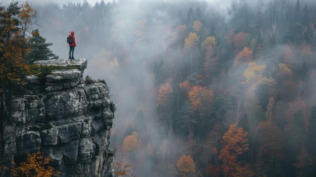 Photo a solitary hiker gazes at misty autumn forests from a rocky cliff in the early morning light