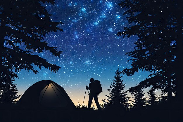 Photo a solitary hiker stands under a breathtaking starry sky their silhouette framed by towering trees and the glow of a nearby tent