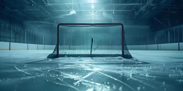 Photo a solitary hockey goal in a deserted ice arena concept lonely hockey goal abandoned ice rink solitude in sports