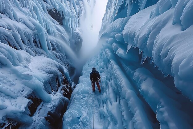 Photo a solitary ice climber ascending a narrow icefilled crevasse with shadows creating a dramatic and intense scene