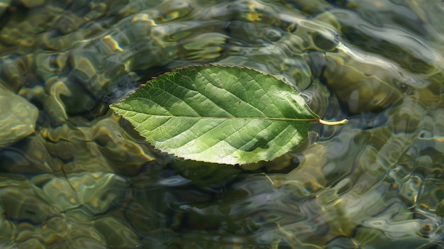 A solitary leaf perhaps torn from its original source drifts peacefully in the water its herbal