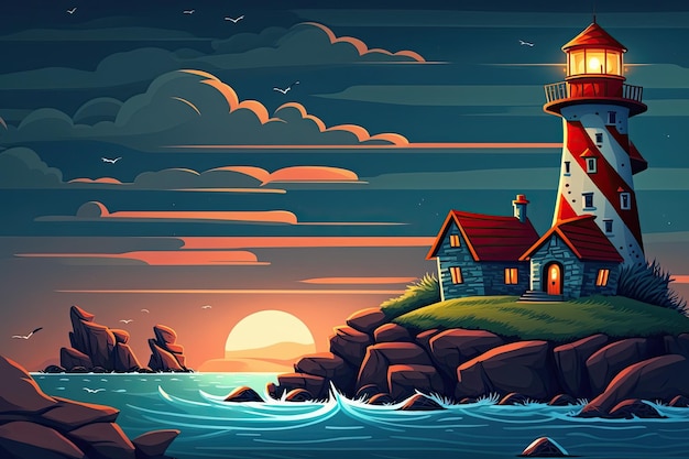 Solitary lighthouse standing on a rocky island surrounded by the ocean Generative AI